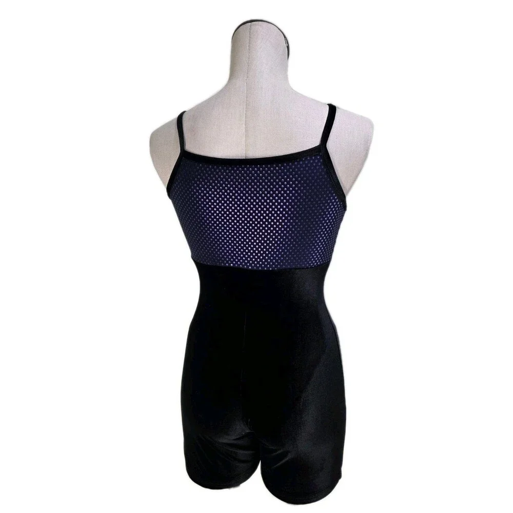 GK Elite VTG Purple Pixelated Metallic Black Velvet Logo Biketard Leotard AL